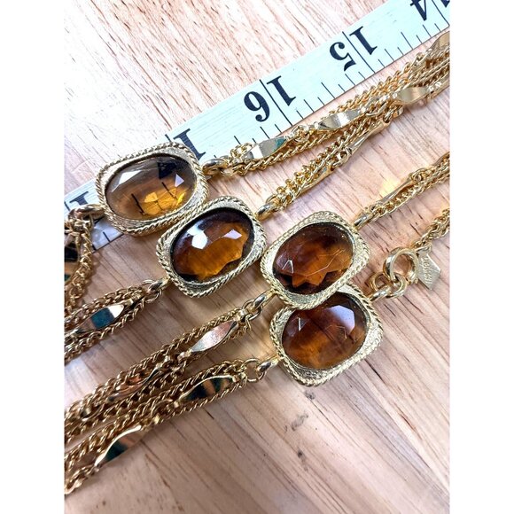 Vintage Sarah Coventry Gold-Tone Multi-Strand Necklace W/ Brown Glass Stones 30" - Picture 7 of 11